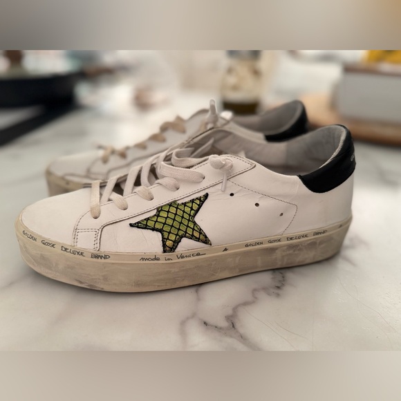 Golden Goose Shoes - Golden Goose White Leather Hi Star Sneakers with Black Heel
